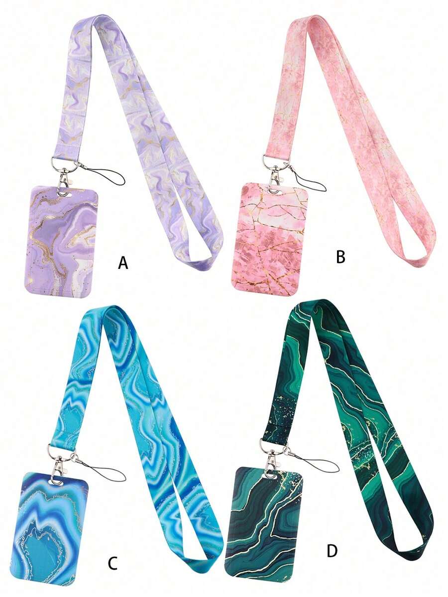 1pc Pink Marble Lanyard Card Holder, Hard Shell ID Badge Holder For Bus Card, ID Card, Work Card, Student Card, Exhibition Card, Event Card - Rectangle - View 1