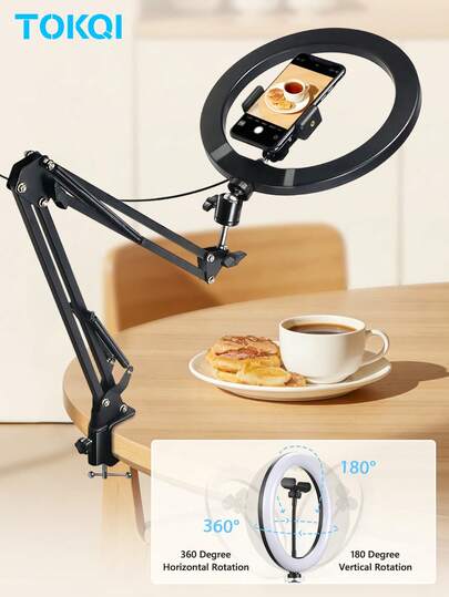 TOKQI 10-Inch Ring Light With Adjustable Angle Phone Holder Arm And Phone Mount, LED Selfie Ring Light, Dimmable Lighting,Compatible With Multi Model Phones,Suitable For Video Recording, Live Streaming, Drawing, Makeup, Nail Art, Cooking,Handmade Shooting