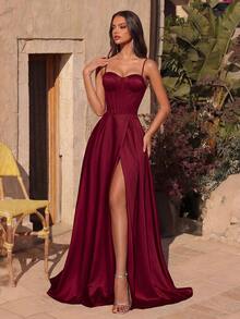 ADYCE Đầm maxi dáng chữ A màu trơn thanh lịch dành cho nữ, dây mảnh, đuôi cá, eo cao, xẻ tà cao, hở lưng, thắt dây chéo, thích hợp cho dạ hội, dự đám cưới, lễ hội, hẹn hò, tiệc tối trang trọng, tiệc sinh nhật, tiệc lễ hội, họp mặt gia đình và các dịp khác, đặc biệt là dịp Lễ Tình nhân mùa xuân. - Màu Đỏ Sâu - Xem 6