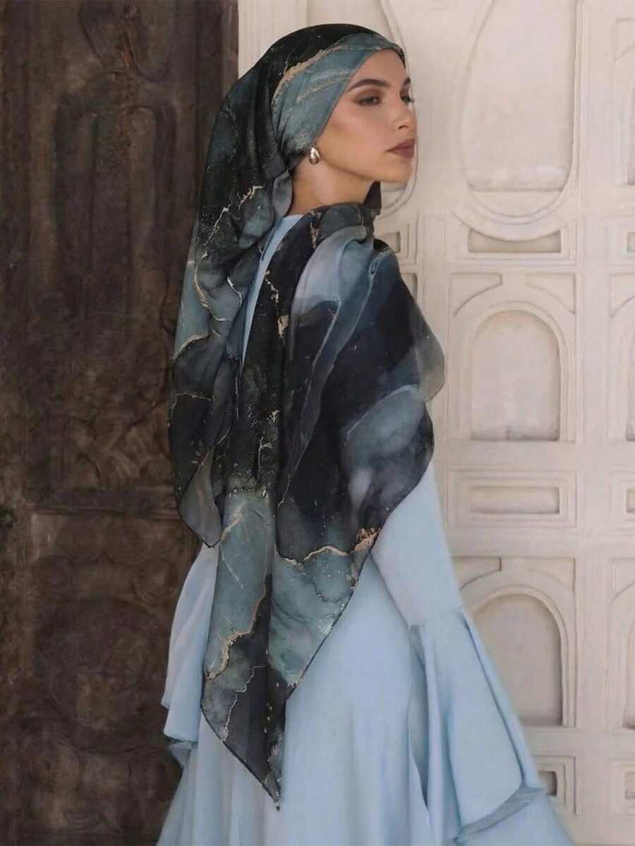 1 chiếc khăn trùm đầu/khăn choàng nữ thời trang thường ngày, họa tiết màu nước, vân đá cẩm thạch, nhuộm ánh kim, kiểu boho, phối cùng áo abaya, thích hợp mặc hàng ngày, dự tiệc và các buổi gặp mặt.