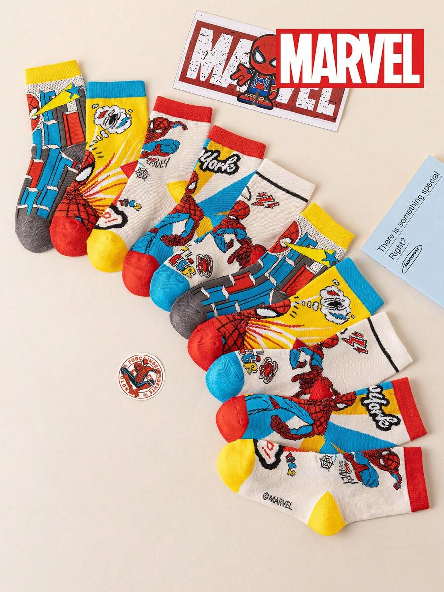 5 Pairs Kids Marvel Superhero Spider-Man Socks, Boys' Mid-Calf Socks, Korean Cartoon Style, Girls' Socks, Spider-Man & Superhero Character Socks, Spring/Summer - Multicolor - View 1