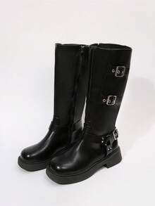 High Boots For Women's Mid Calf Fashion Dressy Motocycle Biker Military Style Combat Chunky Boots Low Heel Platform Shoes - 黑色 - 查看 3
