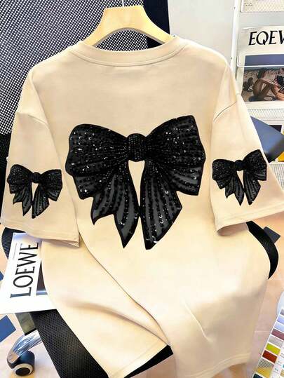 Plus Size Summer Casual Bow Print Short Sleeve T-Shirt