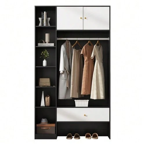Compact Hallway Wardrobe In Black And White, Wardrobe Set With 2 Doors, 6 Compartments, Clothes Rail & Drawer, Dimensions: 105x185x40cm - Black and White - View 1
