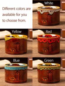 1个130毫升/4.6盎司复古陶瓷咖啡杯，饰有骆驼和椰枣树图案，窑烧工艺，适用于意式浓缩咖啡、茶、拿铁、阿拉伯咖啡、沙特咖啡、水等，是居家、厨房、咖啡馆、办公室、节日、派对、宴会的理想之选，也是一份特别的礼物。 - 彩色 - 查看 3