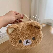 1 Pc Ladies 3D Plush Bear Makeup Bag Light Brown Portable Mesh Compartment For Daily Essentials - Plush Bear Head Cosmetic Bag - 1 Piece - View 8