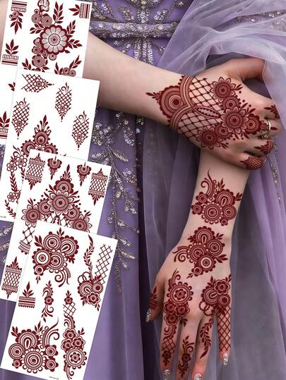 4pcs Brown, Red, Burgundy Floral Design Sexy Toe & Hand Temporary Tattoo Stickers, Waterproof Flower Print Body Art Tattoos For Women, Wedding Party