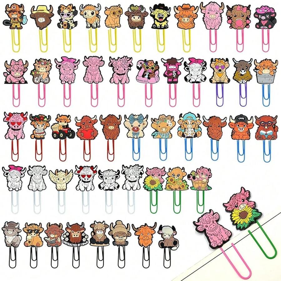 Cute Paper Clips, 50Pcs Highland Cow Bookmark Paperclips Bulk Metal Fun Cute Cow Planner Clip Charms Clamp Desk Accessories Stationery Colorful Office Supplies Gifts For Student Teacher Party Decor - Bò Cao nguyên - Xem 1
