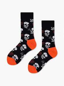 1/2/3双装男女通用趣味万圣节主题袜子，南瓜、幽灵、骷髅图案，保暖透气中筒袜，秋冬款 - 彩色 - 查看 6