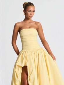 Slimming, Stylish, Fresh, Solid Color, Lace-Up, Low-Neck, Fitted Waist, Pleated, Flared Spaghetti Strap Dress - Màu vàng - Xem 3