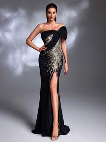 黑色和金色羽毛图案亮片刺绣单肩扭褶缎面交叉系带露背修身鱼尾裙摆性感优雅轻奢高端晚礼服 - 黑色 - 查看 5