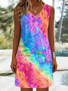 Butterfly Ombre Print Dress, Women's Casual Vacation Daily Wear, Sleeveless V-Neck Dress - Multicolor - View 3