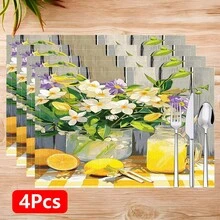 1pc/4pcs/6pcs Lemon Pattern Printed Linen Placemats, Suitable For Dining Table, All Season Decor, Modern Washable Table Mats, Room Decor, Coasters, Kitchen Dining Mats, Indoor Outdoor Party Decoration, Home Decor, Ideal Gift - Multicolor - View 13