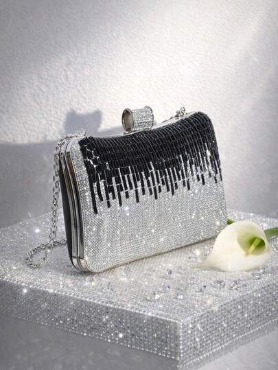 Must-Have Item For Party Goers And Fashion Pioneers! Black And White Gradient Rhinestone Evening Bag, Fully Embedded With Rhinestones, Paired With Rhinestone Clasp And Chain, Can Be Worn As A Shoulder Bag Or Handheld, The Unique Gradient Rhinestone Pattern Creates A High-End Eye-Catching Look, Perfect For Parties, Galas, Weddings And Other Important Occasions, Easily Stores Small Items, A Fashionable Essential For Creating A Luxurious Look.