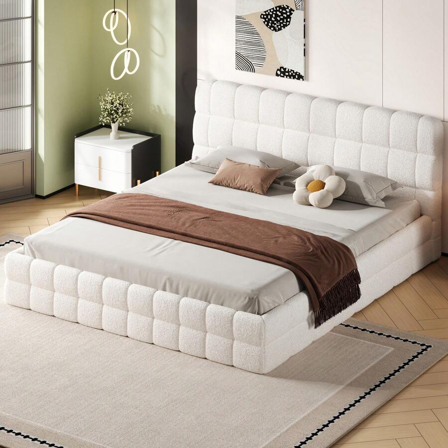 MERAX King Size Soft Bed Frame With Headboard, Upholstered Floor Bed, Berber Fleece Platform Bed With Slats, No Box Spring Needed, White - 白色特大號 - 查看 1