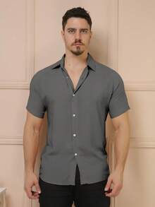 YLF MODAS Men's Short-Sleeved Button-Down Dress Shirt - Plain - Grey - View 4