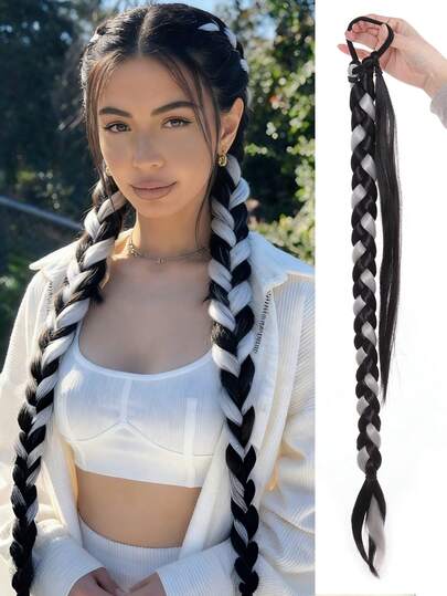 Synthetic Wigs Braided Hair Ponytail Extensions Black&White Braids Hair Extensions With Hair Tie Women Hairpiece Suitable For Women's Daily Wear And Gatherings