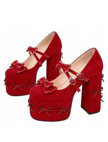 Gothic Women Mary Jane Pumps Bowknot Chunky High Heel Buckle Platform Fashion Sweet Lolita Cosplay Girls Shoes - Đỏ - Xem 6