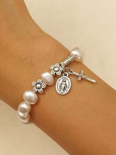 1 st elegant kristen jungfru Maria Jesus kors barock pärlarmband, pärlarmband för kvinnor, lämpligt för vardagsbruk och fest, smycken för kvinnor