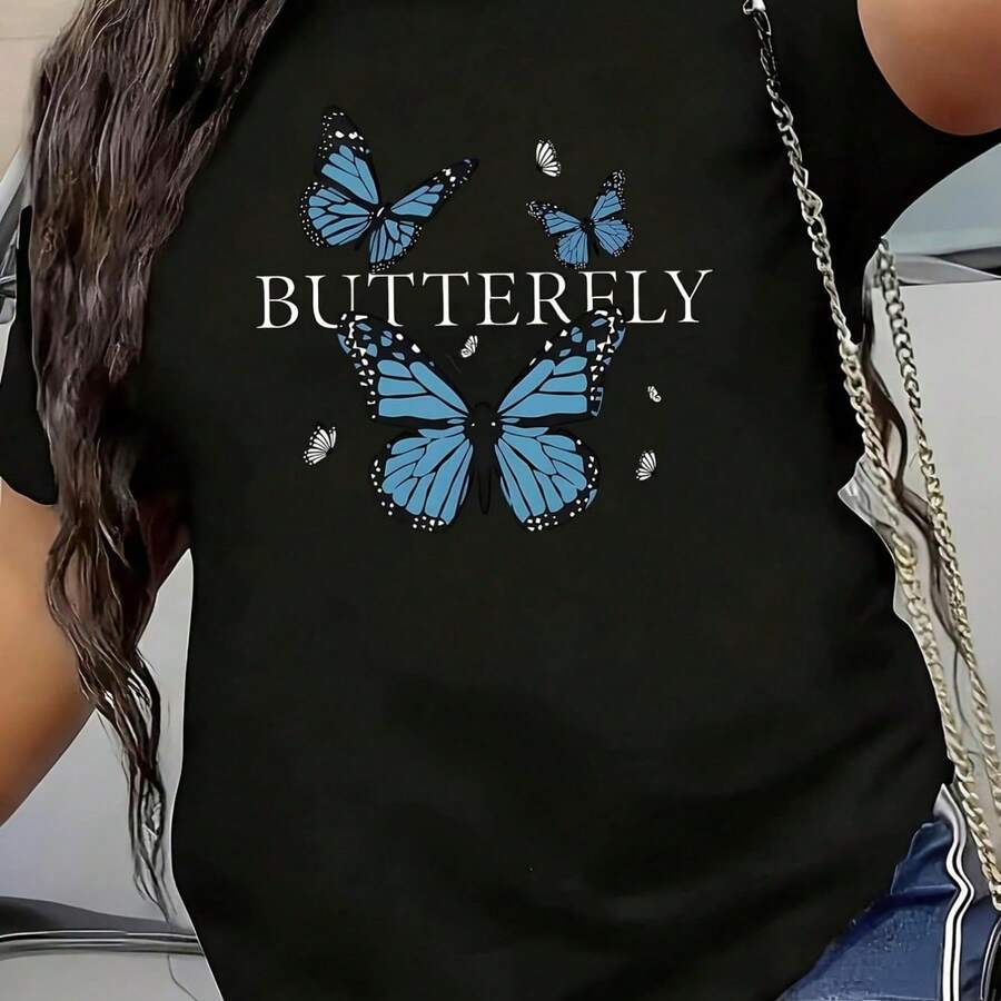 Womens Butterfly Letter Print Plus Size T-Shirt Oversized Graphic Short Sleeve 1 Pcs Tee Novelty Shirt Cas - 黑色 - 查看 1