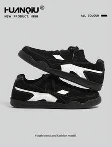 HUANQIU 男士新款冬季平底健身训练鞋，复古休闲运动鞋，时尚舒适，适合户外徒步，四季皆宜，触感柔软易于保养，不易变形，是通勤、购物、滑冰等场合的理想之选。情人节礼物。 - 黑色 - 查看 3