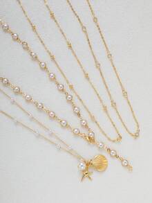 4件套时尚简约优雅仿珍珠海星贝壳Y形项链套装，适合女性度假、派对、节日、生日、日常佩戴 - 金黃色 - 查看 6