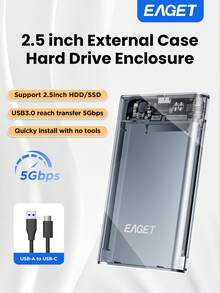 EAGET 2.5 Inch External Hard Drive Enclosure, Tool-Free Installation USB 3.0 To SATA III Adapter, Plug And Play Portable Metal Case For HDD SSD Up To 6TB, UASP Supported (Drive Not Included) - Transparent - View 2
