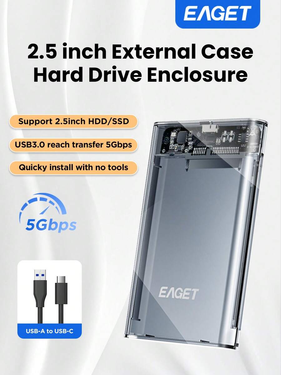 EAGET 2.5 Inch External Hard Drive Enclosure, Tool-Free Installation USB 3.0 To SATA III Adapter, Plug And Play Portable Metal Case For HDD SSD Up To 6TB, UASP Supported (Drive Not Included)