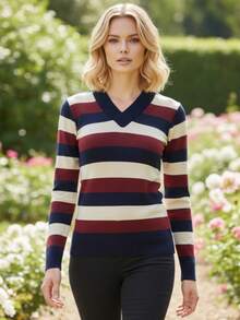 Women's Cold Weather Blouse | Women's Striped Long Sleeve Blouse | Striped V-Neck Blouse | Stripes - 藏蓝色 - 查看 2