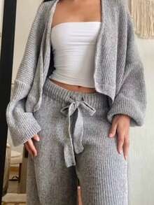 Women's Gray Rib Knit Sweater Coordinating Set With Drop Shoulder Cardigan And Long Trousers, High Stretch Comfort - Cinza Mescla - 查看 2
