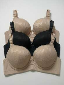 Set Of 3 Lace Bras With Adjustable Straps, Reinforced Cups, Comfortable, Premium Polyamide - 2 件米色和 1 件黑色 - 查看 1