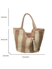 Diese farblich abgesetzte gestreifte handgewebte Strohtasche ist eine stilvolle, vielseitige, einfache und lässige Damenhandtasche. Sie ist eine perfekte Strandtasche für den Urlaub mit Quastenanhänger und Reißverschluss. Geeignet für Strandurlaube, Einkaufen, Strandausflüge, den Alltag, Dates und mehr. - Khaki - Übersicht 12