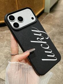 Lucky Letter Print Phone Case, Black Faux Leather Texture Shockproof Case, Scratch-Resistant Anti-Slip Protective Phone Cover, Minimalist Aesthetic Design, Fashionable Phone Case, Everyday Use Phone Case, Compatible With IPhone & Galaxy - Black - View 5