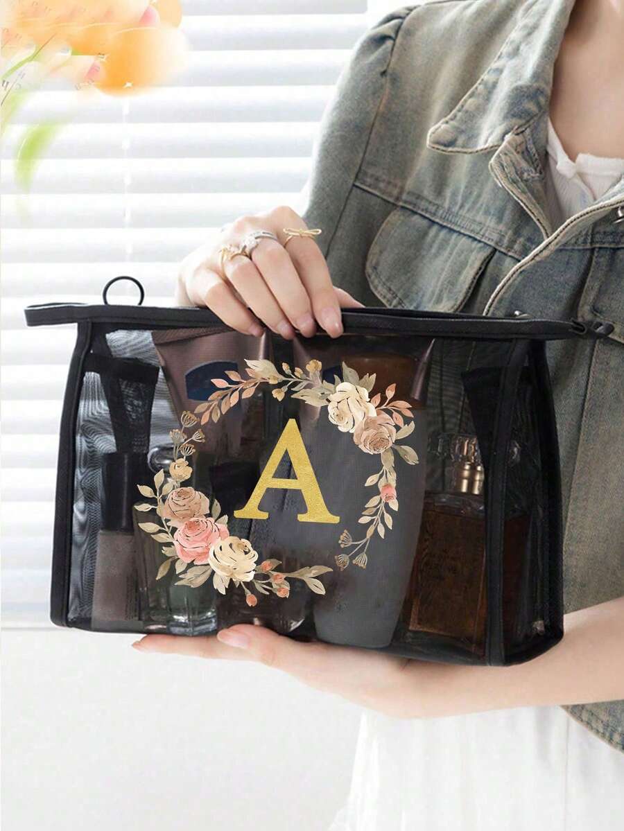 1pc Wide Bottom Mesh Cosmetic Bag, Printed With Floral And Gold Letter Pattern, Mesh Design Prevents Moisture, Suitable For Traveling Bottles, Cosmetics, Toiletries, Skincare, Shampoo, Lotion, Zippered Closure Foldable Lightweight Fade-Resistant Storage Pouch, Gold Mesh Cosmetic Bag With Letter And Floral Print, Ideal Valentine's Day Gift Bag - Multicolor - View 1