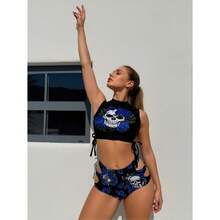 Skull & Rose Bikini Set - High Waist Two Piece Swimsuit For Women - Sexy Cutout Bathing Suit - Blue Floral Print Bikini - Adjustable Straps - 多色196 - 查看 2