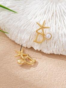 Asymmetrical Starfish Earrings, Beach & Ocean Style - Yellow Gold - View 3