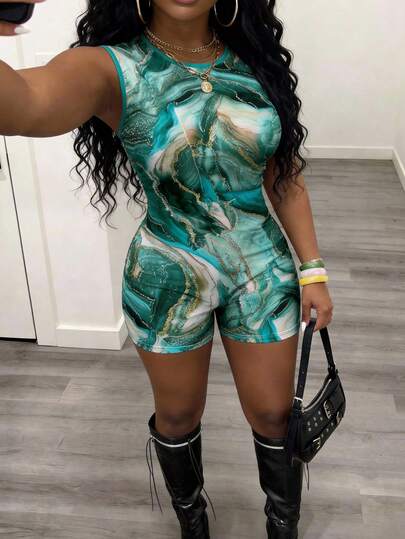 Women's Sexy Backless Bodysuit With Peacock Green Floral Print, Y2K Vintage Luxury Tight Sleeveless Romper, Suitable For Summer Vacation, Party And Daily Wear