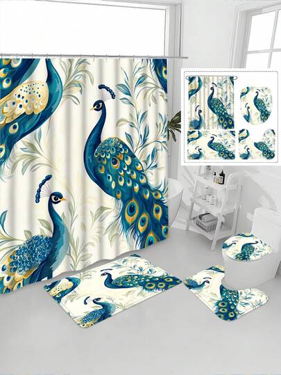 1/4pcs Animal Peacock Theme Spring Bathroom Decor Set, Includes Shower Curtain, Bath Mat, U-Shaped Toilet Lid Cover, Waterproof Shower Curtain, Fashionable Curtain, Modern Bathroom Divider Curtain, No Drilling Required, Made Of Polyester, Machine Washable