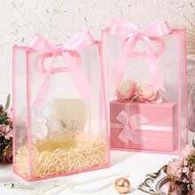 16/12/6 chiếc Túi quà màu hồng trong suốt kèm ruy băng, Túi đựng quà cưới kèm ruy băng satin, Trang trí tiệc, Thích hợp làm quà tặng cho cô dâu trong đám cưới, sinh nhật, kích thước 7x10x3.15 inch (Màu hồng) - Nhiều màu - Xem 3