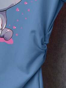 2026 Summer TopsResyla Women's Casual Door T-Shirt, Summer New Design, Blue Tones, Cute Elephant & Heart Print, Versatile For Dates, Back To School, Teacher's DayLoose And Comfortablesummer Shirts - Black 2 - 查看 9