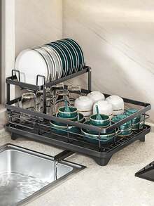 Two-layer Kitchen Countertop Dish Drying Rack, Kitchen Countertop Dish Rack with Drainage Board, Metal Kitchen Dish Rack with Drainage, Double-layer Kitchen Drying Rack, Dish Rack - Negro - Ver 1