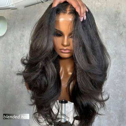 180密度水波纹全蕾丝前假发，人发混纺，预先拔毛，带婴儿绒毛，巴西原生人发混纺，水波纹，13x4蕾丝前假发，带婴儿绒毛，可扎发髻和高马尾，自然黑色，10-36英寸