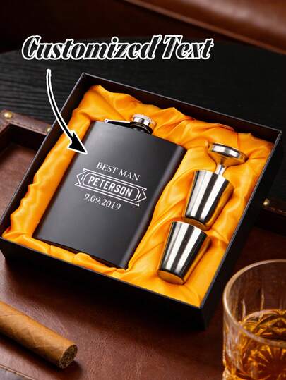 1 Set Personalized Flask Gift Box, Customized Flask And Cups Gift Set, Ideal For Groomsmen, Wedding, Birthday Or Corporate Gifts