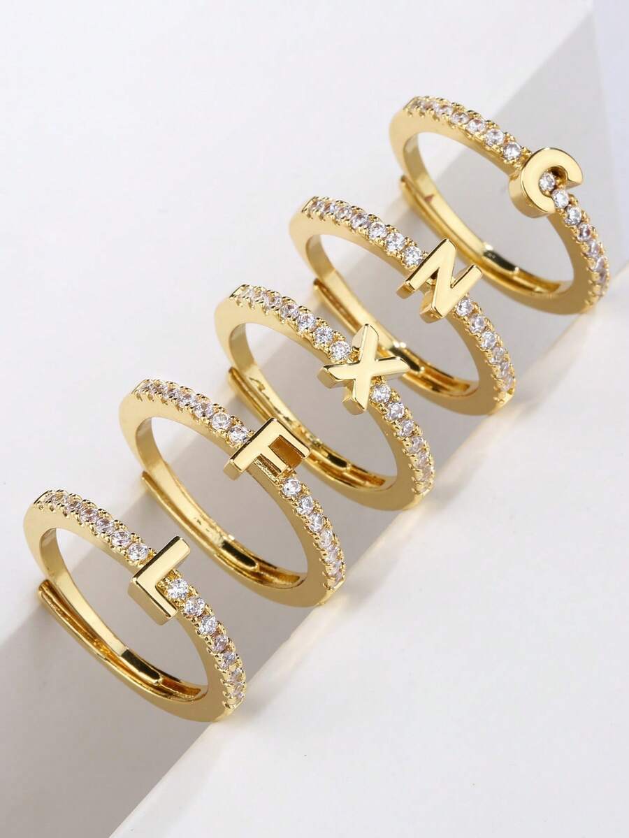 1pc Fashionable Jewelry Couple Ring, Luxury 26 Letter Open Ring - Gold - View 1