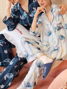 2pcs Disney Stitch Print Cotton Pajama Set, Long Sleeve, Spring/Autumn - Dusty Blue - View 10
