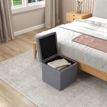 COSTWAY 40 Cm Square Storage Ottoman Linen Fabric Footstool With Lid, Grey - Grey - View 8