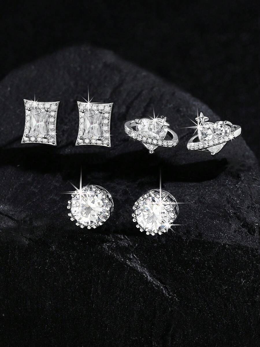 一对时尚百搭的奢华几何耳钉，方形、圆形、扭腰心形、星球环绕等多种造型，男女皆宜，精致优雅，适合作为珠宝礼物和日常佩戴。 - 彩色 - 查看 1