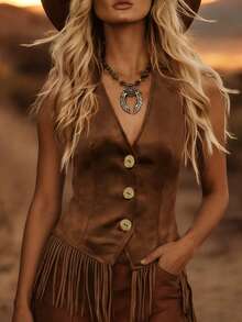 春夏女士时尚优雅休闲日常都市现代海滩度假西式流苏下摆前开V领背心，牛仔风格背心，夏季假日外出上衣，假日装扮，女士休闲服饰 - 卡其色 - 查看 6