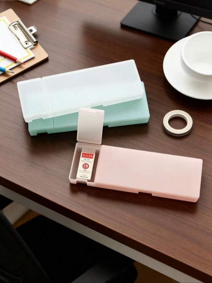 Minimalist Transparent Matte Stationery Set (Pencil Case + Pen + Eraser), Multi-Functional Plastic Storage Box, Student Supplies - Frosted Stationery Box Set - View 1