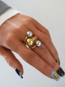 Frminee 1pc Simple Design Punk Hip Hop Style Gold Stainless Steel Exaggerated Ball Gold Silver Personalized Opening Ring - Steel Balls - View 6